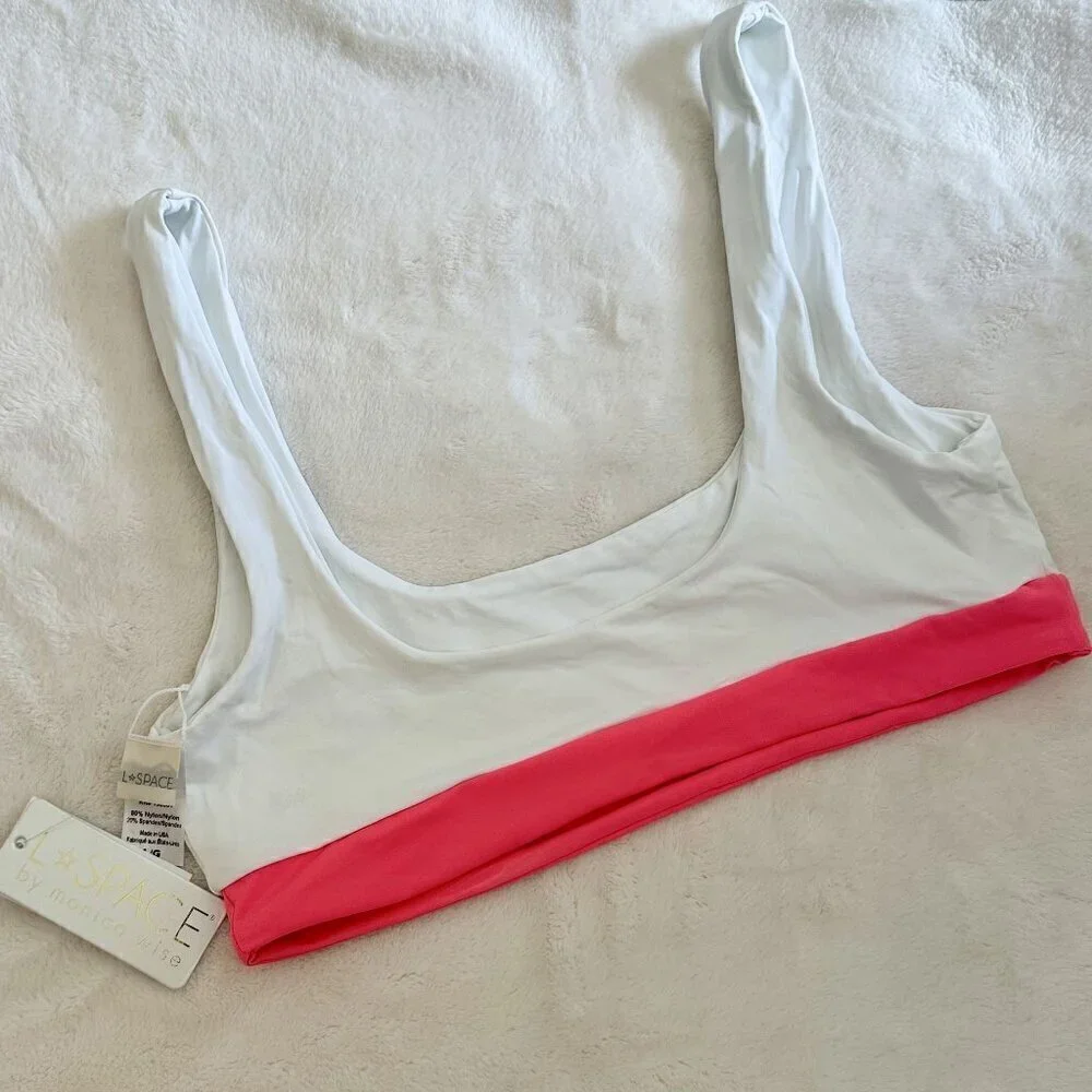 NWT L*SPACE Miller Colorblock Bikini Top Neon Pink/White - Size: Large